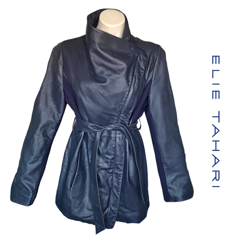 Elie Tahari Stunning Leather Draped Collar Jacket Asymmetrical High Neck